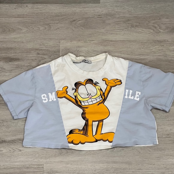 T-Shirt Crop top with Garfield Cat Blue White - Picture 1 of 4